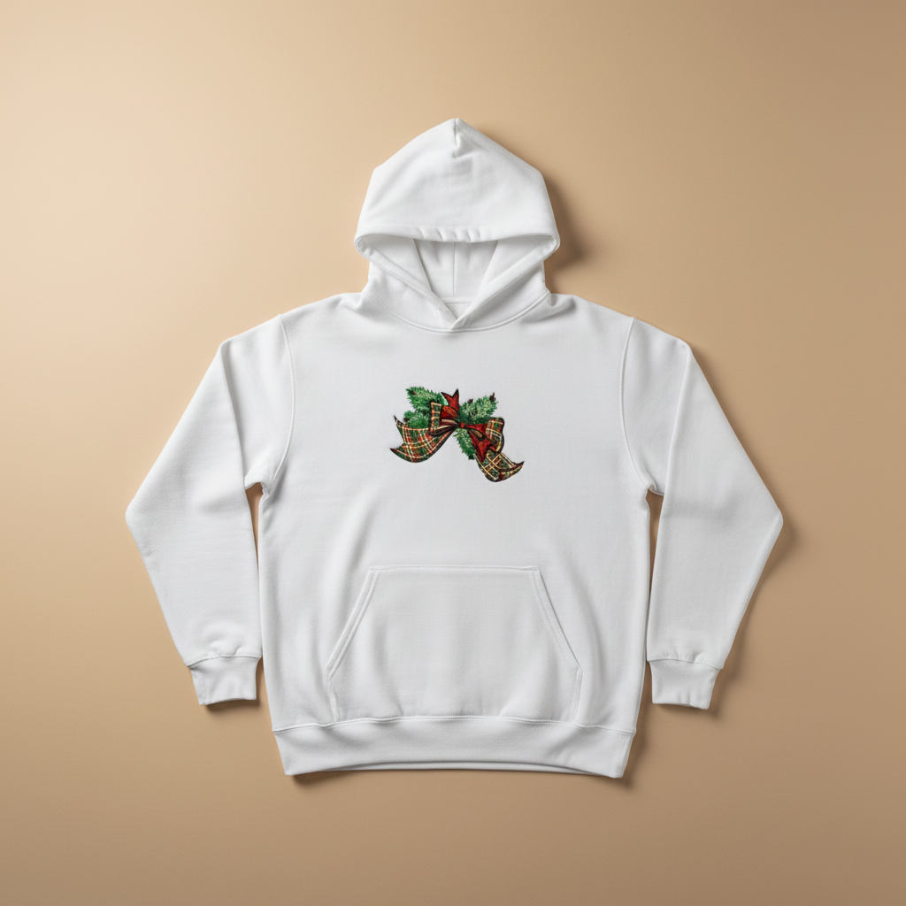 Tartan Ribbon &amp; Evergreen Bow Machine Embroidered Sweatshirt – Hand Finished in Dubai | EmbroMania