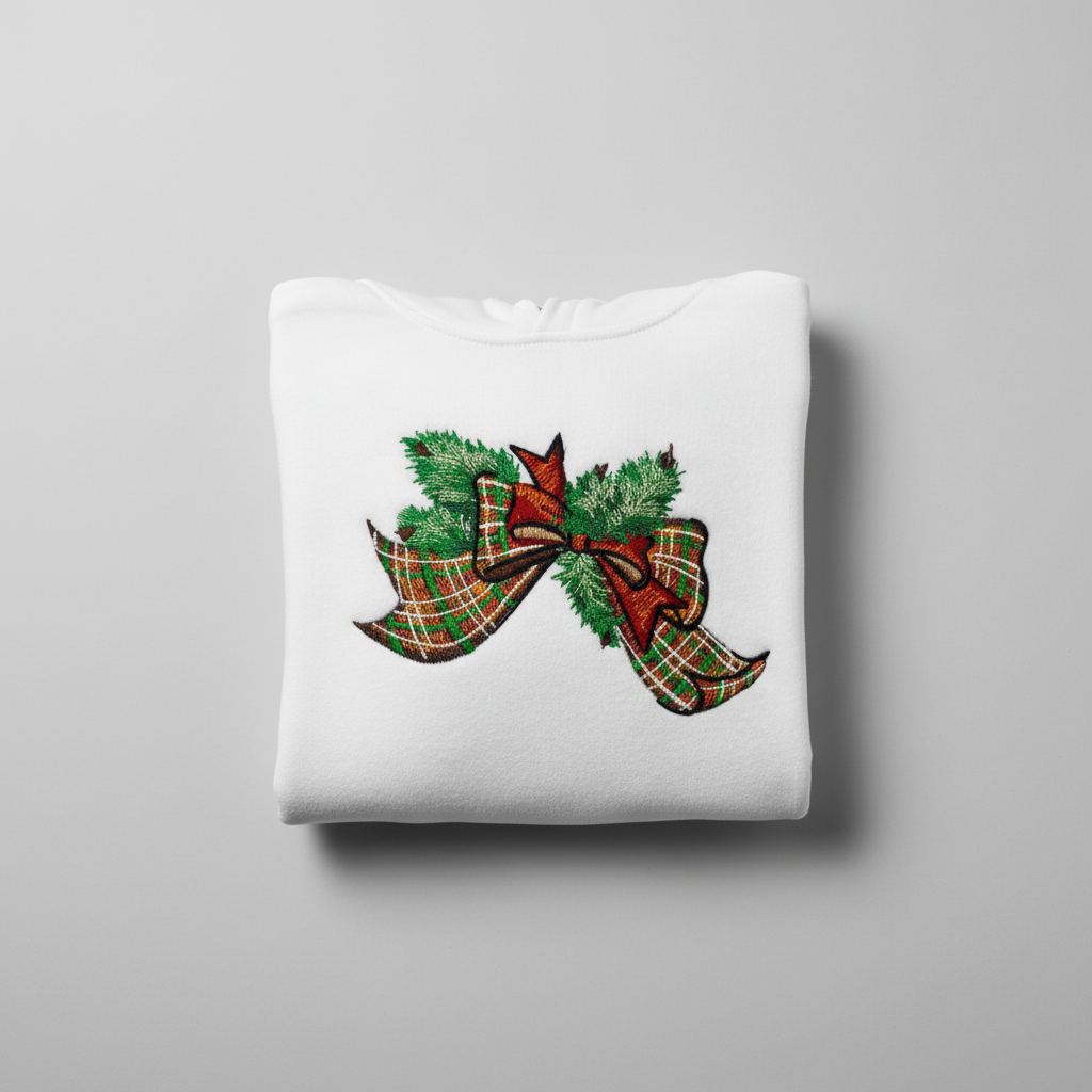 Tartan Ribbon &amp; Evergreen Bow Machine Embroidered Sweatshirt – Hand Finished in Dubai | EmbroMania