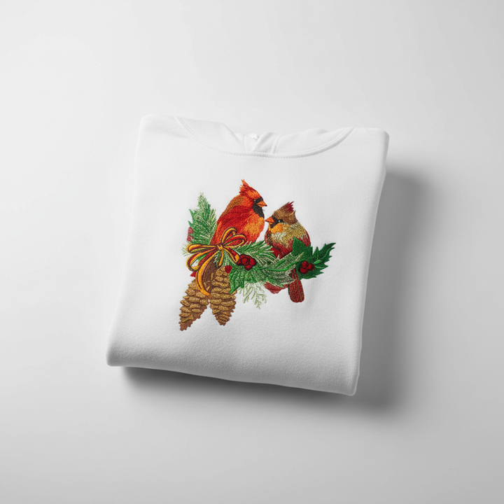 Cardinal Pair with Pinecones Machine Embroidered Sweatshirt – Hand Finished in Dubai | EmbroMania