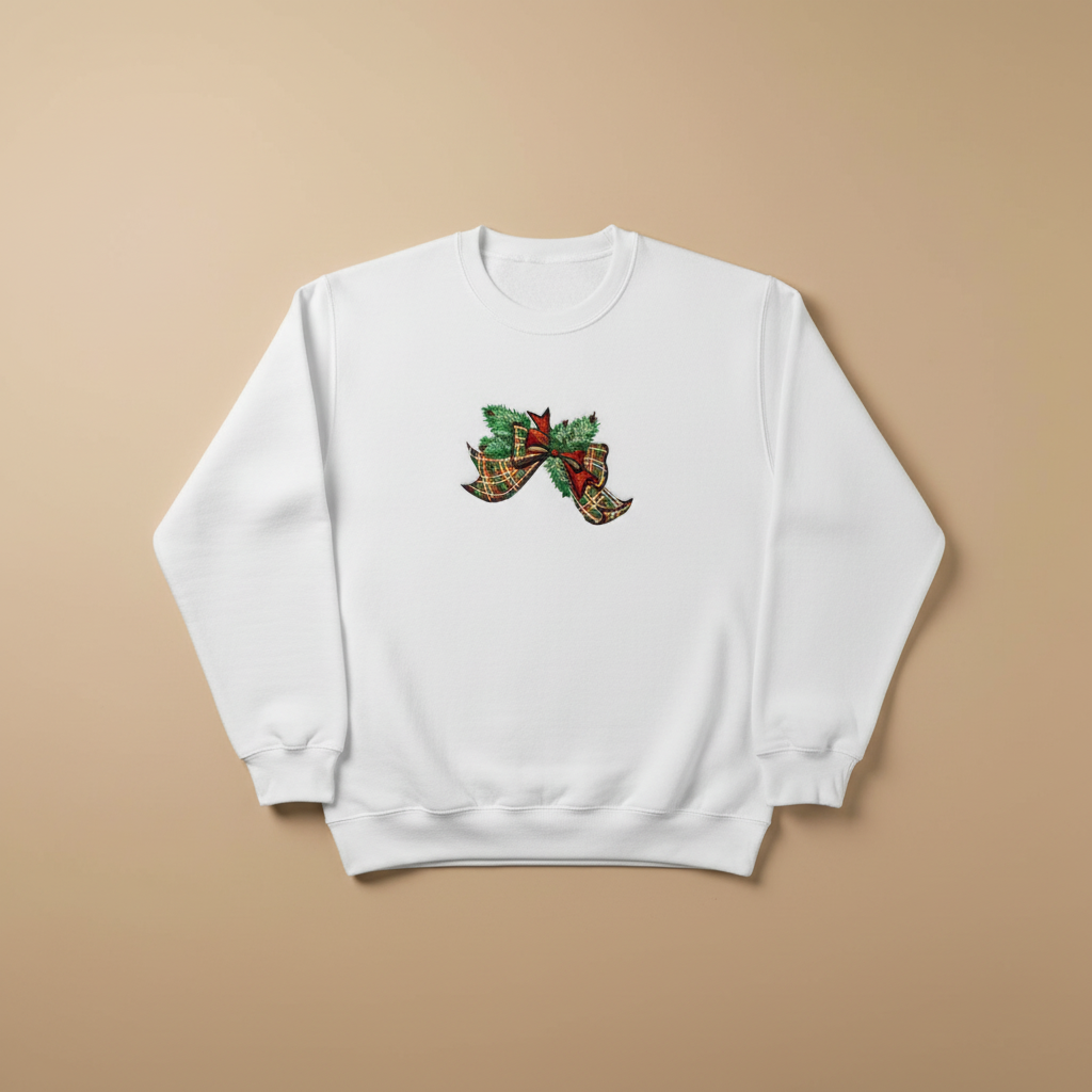 Tartan Ribbon &amp; Evergreen Bow Machine Embroidered Sweatshirt – Hand Finished in Dubai | EmbroMania