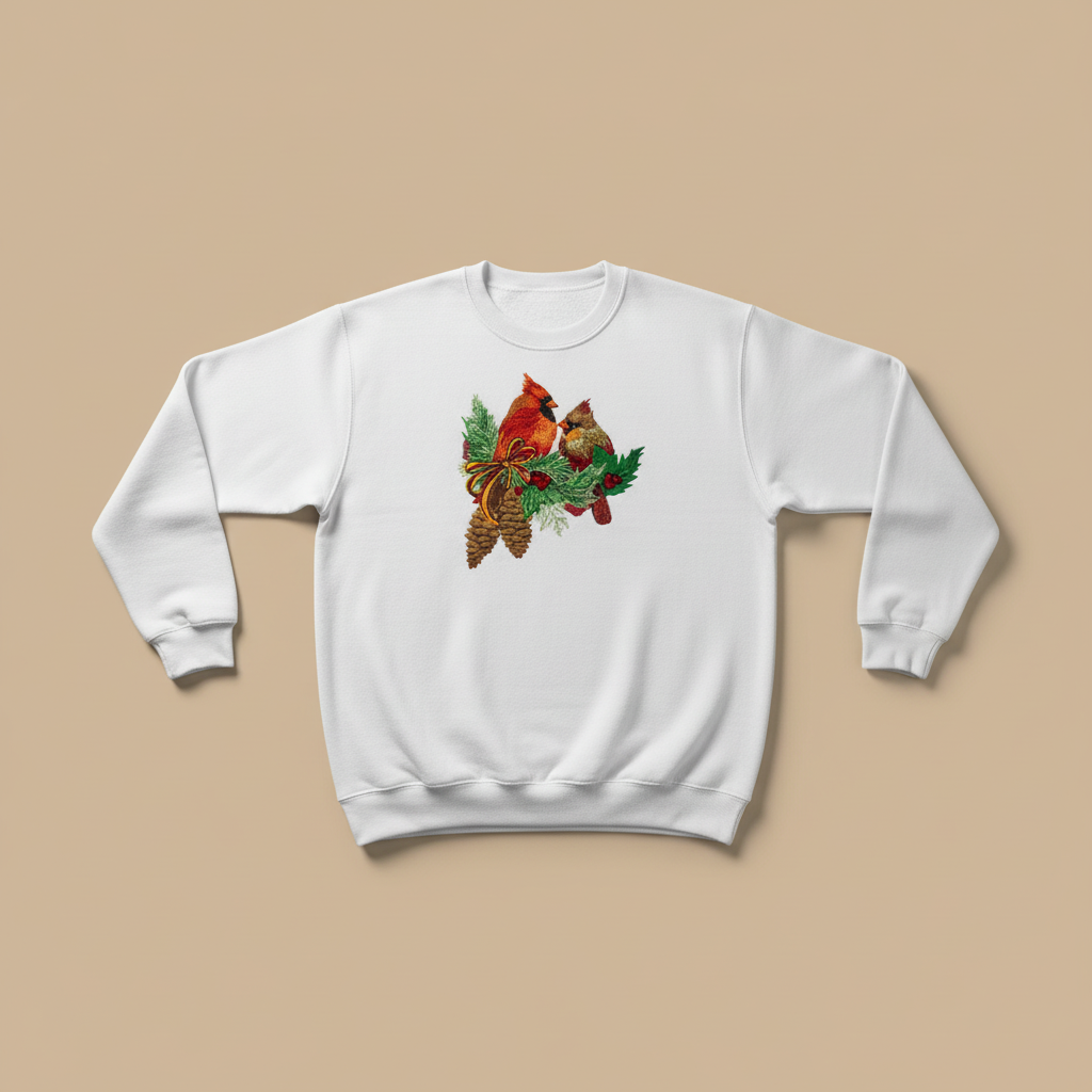 Cardinal Pair with Pinecones Machine Embroidered Sweatshirt – Hand Finished in Dubai | EmbroMania
