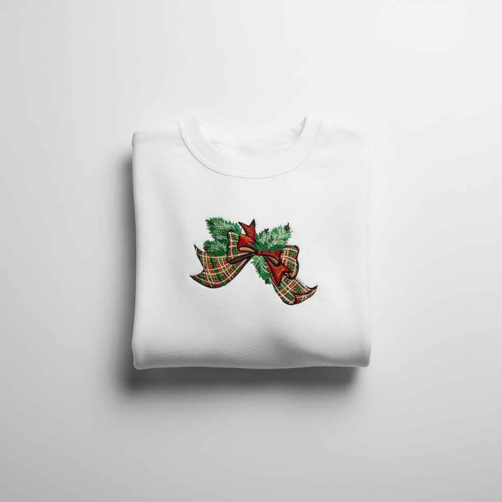 Tartan Ribbon &amp; Evergreen Bow Machine Embroidered Sweatshirt – Hand Finished in Dubai | EmbroMania