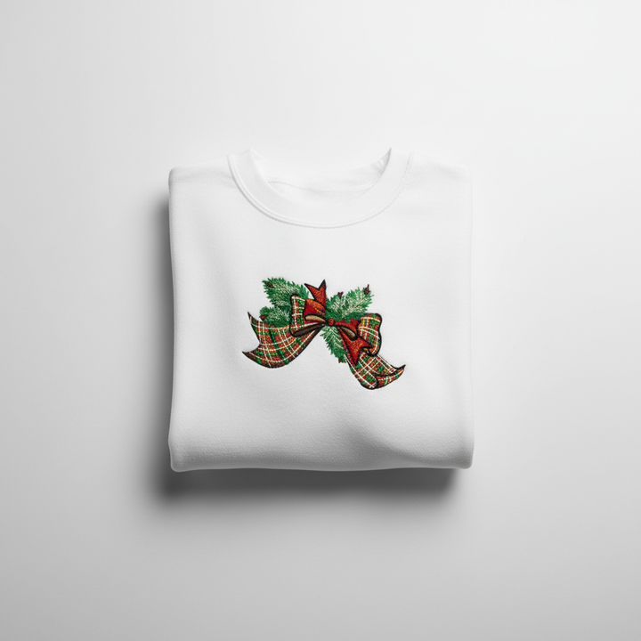 Tartan Ribbon &amp; Evergreen Bow Machine Embroidered Sweatshirt – Hand Finished in Dubai | EmbroMania