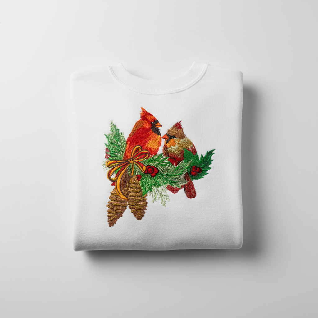 Cardinal Pair with Pinecones Machine Embroidered Sweatshirt – Hand Finished in Dubai | EmbroMania