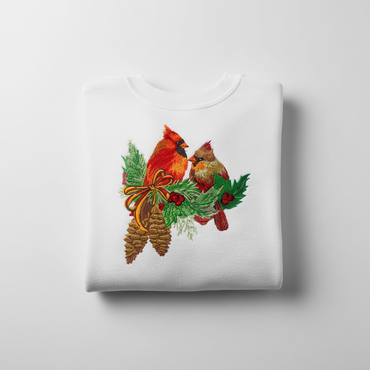 Cardinal Pair with Pinecones Machine Embroidered Sweatshirt – Hand Finished in Dubai | EmbroMania