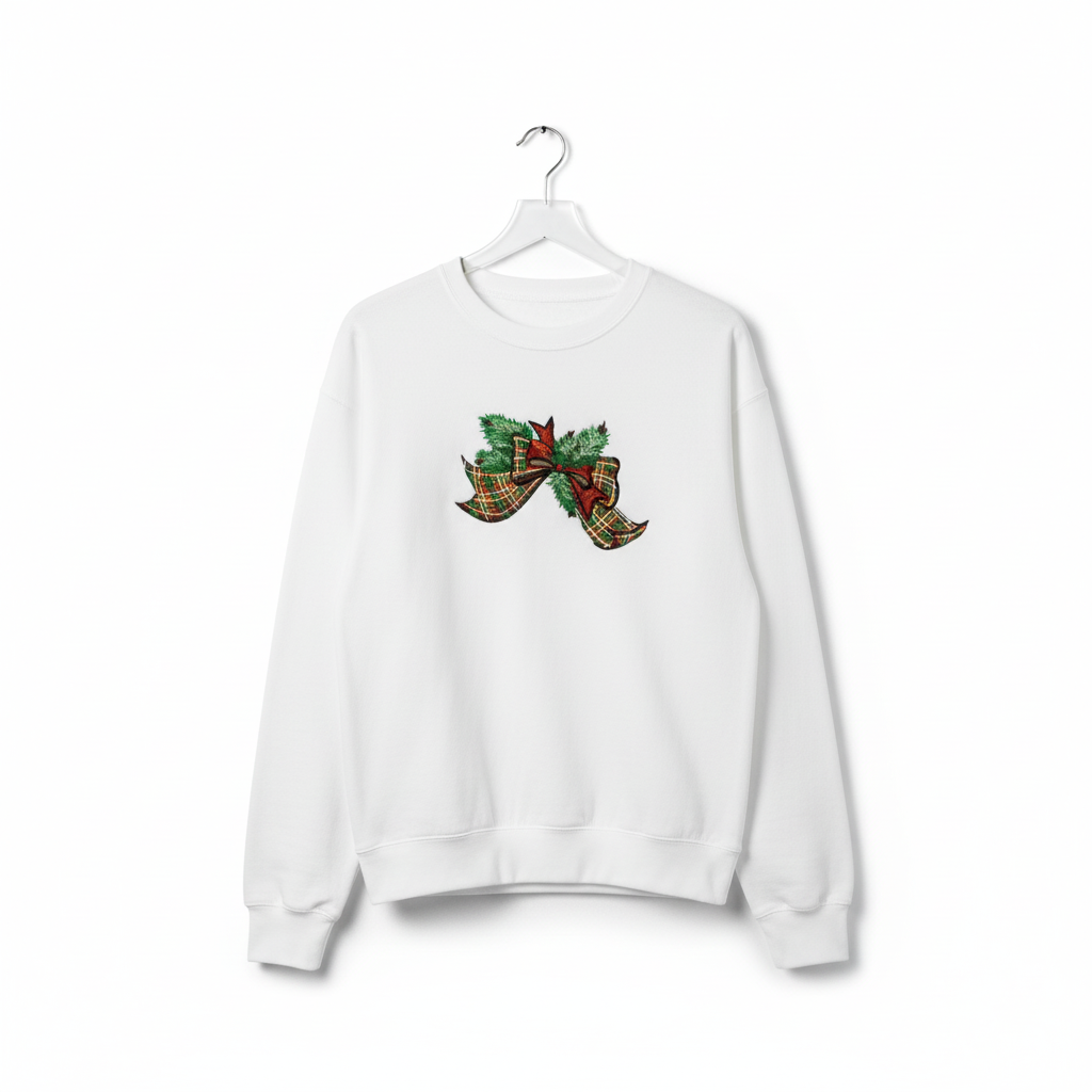 Tartan Ribbon &amp; Evergreen Bow Machine Embroidered Sweatshirt – Hand Finished in Dubai | EmbroMania