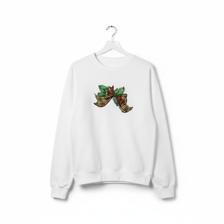 Tartan Ribbon &amp; Evergreen Bow Machine Embroidered Sweatshirt – Hand Finished in Dubai | EmbroMania