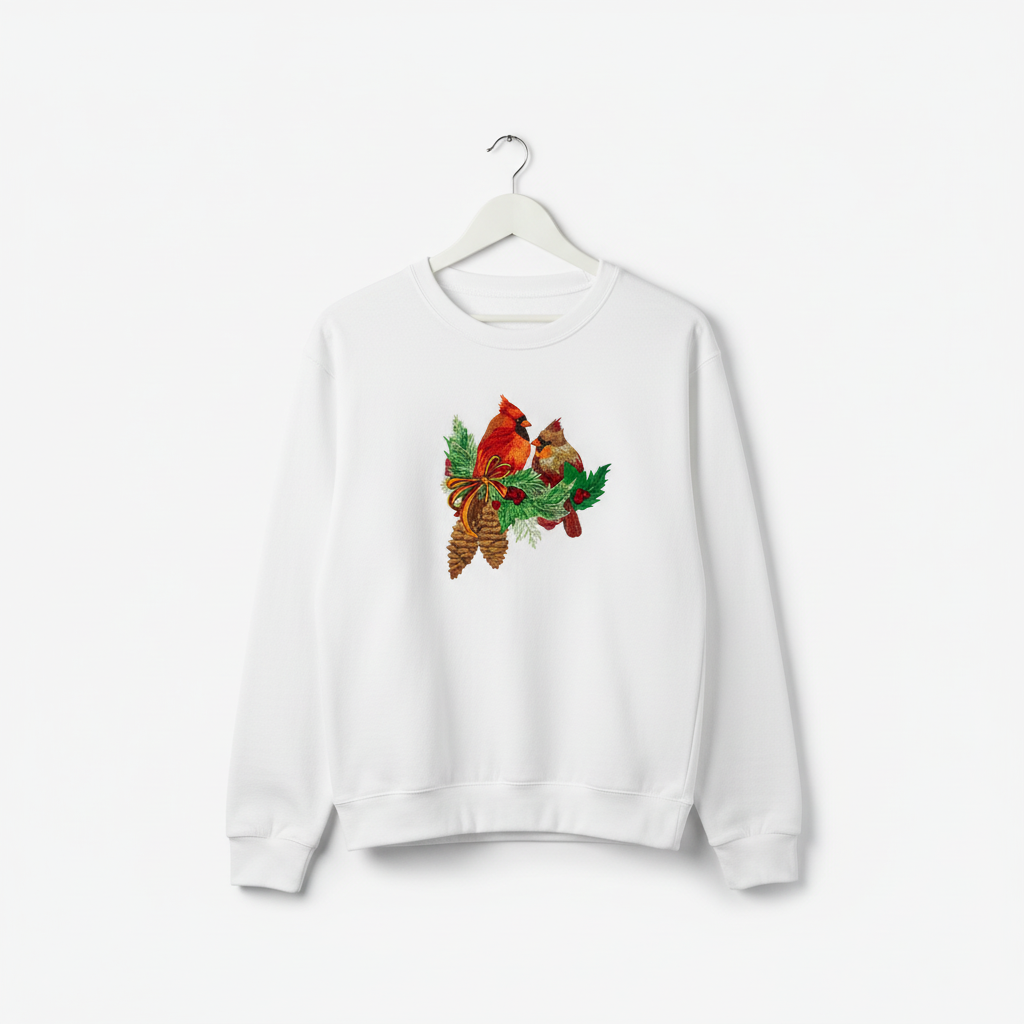 Cardinal Pair with Pinecones Machine Embroidered Sweatshirt – Hand Finished in Dubai | EmbroMania