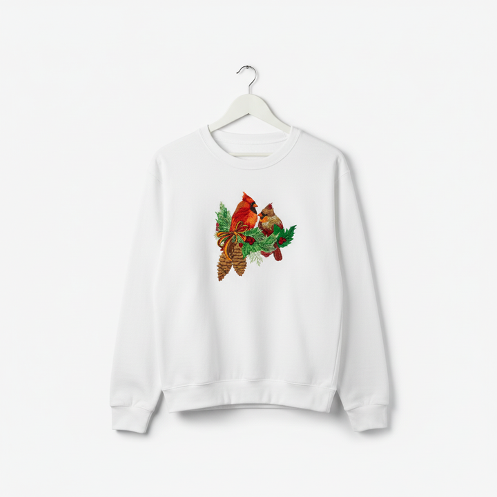 Cardinal Pair with Pinecones Machine Embroidered Sweatshirt – Hand Finished in Dubai | EmbroMania