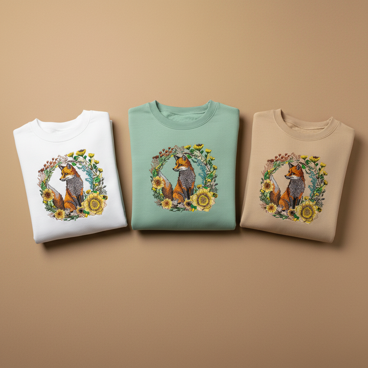 Wild Sunflower Fox Machine Embroidered Sweatshirt – Hand Finished in Dubai | EmbroMania