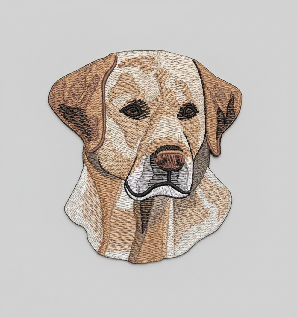 Realistic yellow Labrador embroidery patch featuring a detailed dog portrait with light golden coat, floppy ears, and soft thread shading, stitched on a light background, original EmbroMania artwork.