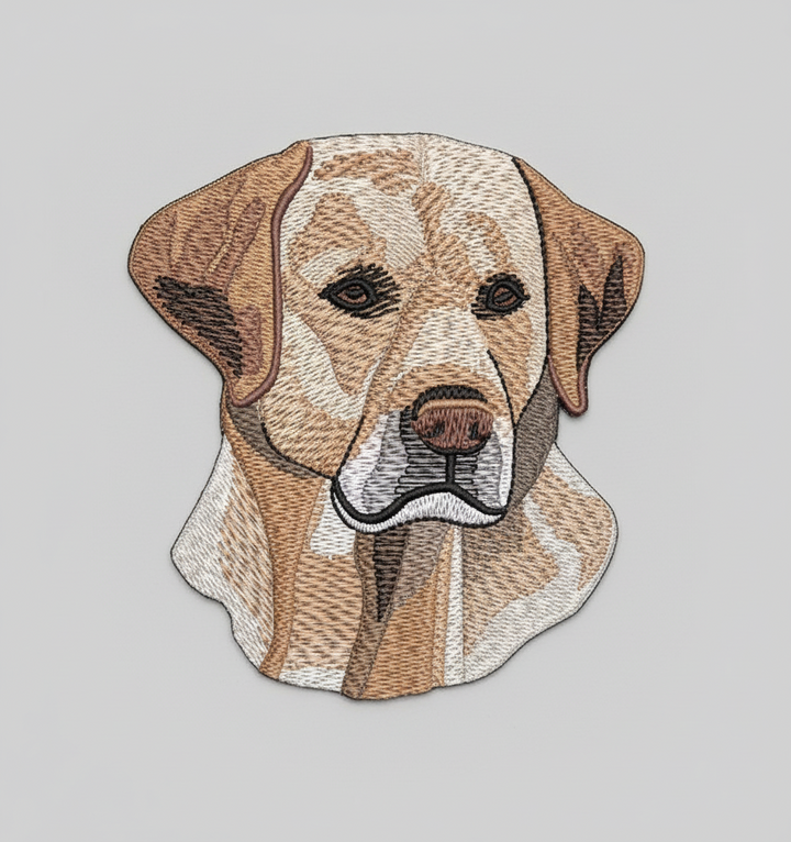 Realistic yellow Labrador embroidery patch featuring a detailed dog portrait with light golden coat, floppy ears, and soft thread shading, stitched on a light background, original EmbroMania artwork.