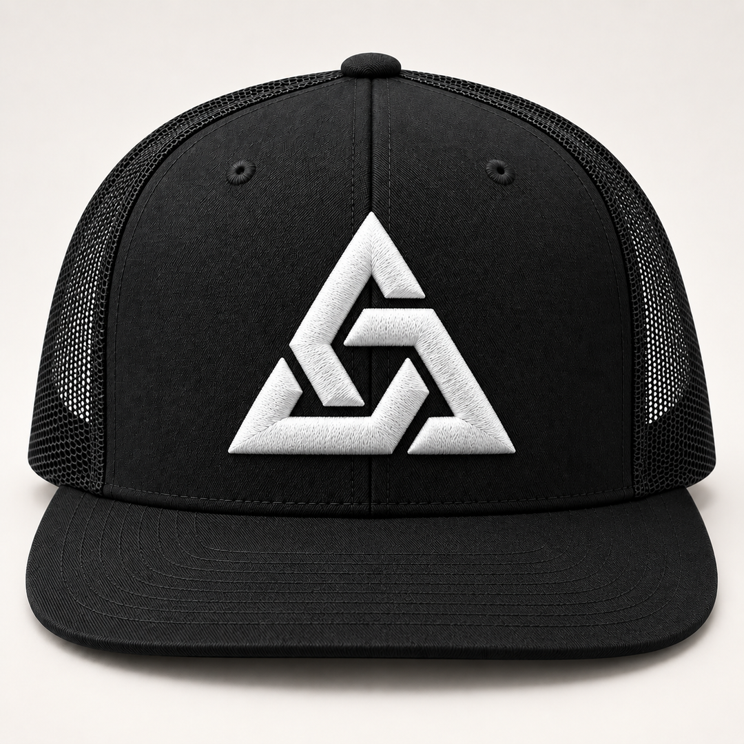 🖤⚡ Apex Ghost – Axiom Knot · White 3D puff · Black Flat Trucker YP Classics | Hand Finished in Dubai | EmbroMania
