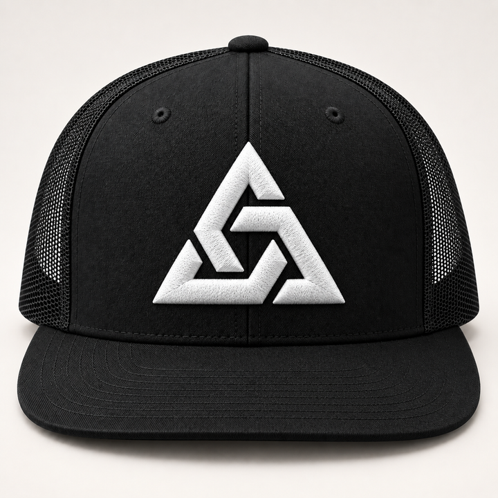 🖤⚡ Apex Ghost – Axiom Knot · White 3D puff · Black Flat Trucker YP Classics | Hand Finished in Dubai | EmbroMania