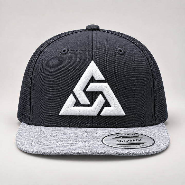 ⚡🌫️ Ash Knot – Axiom Knot · White 3D puff · Charcoal &amp; Heather Grey Snapback | Hand Finished in Dubai | EmbroMania