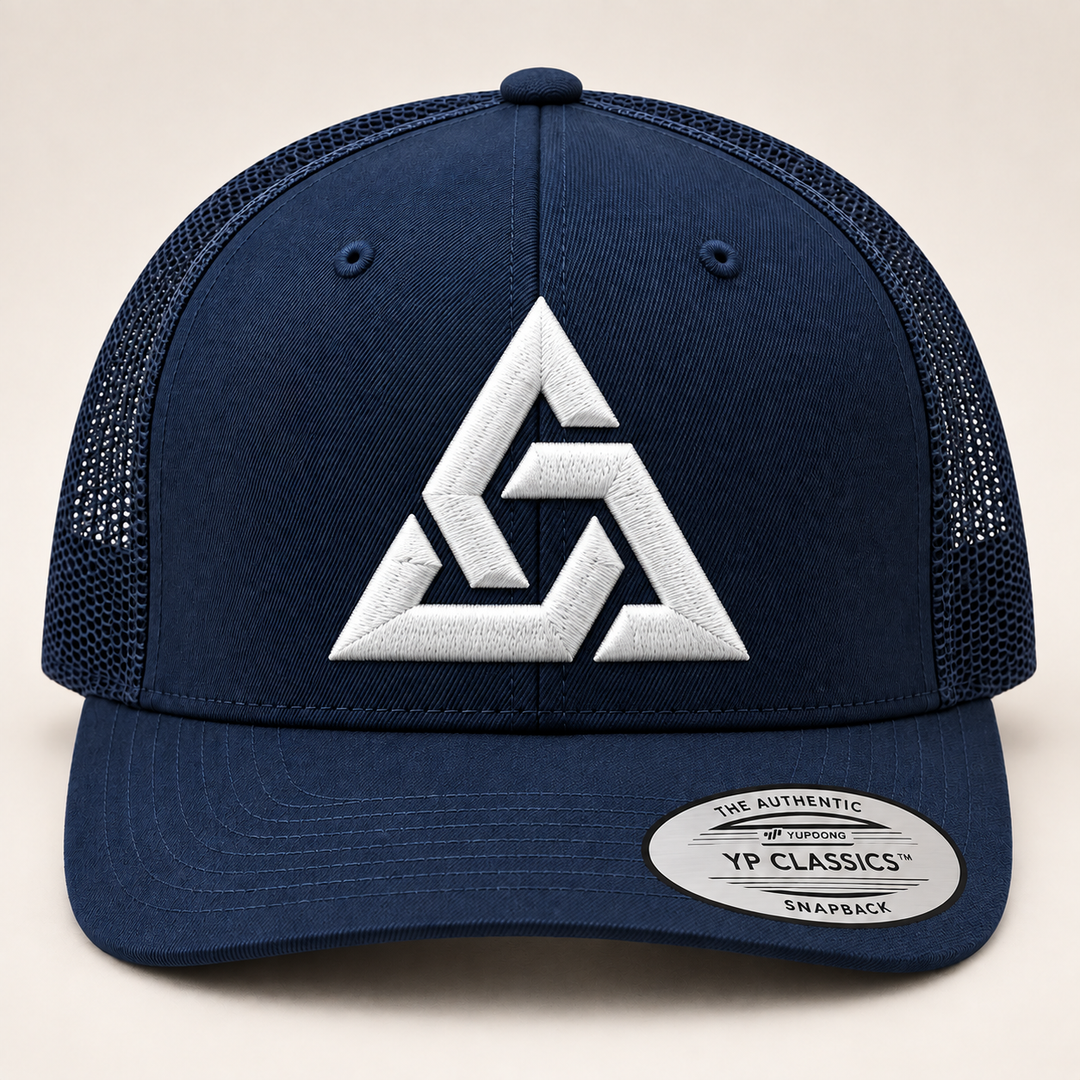 🌊⚡ Deep Axiom – Axiom Knot · White 3D puff · Dark Navy Curved Trucker | Hand Finished in Dubai | EmbroMania