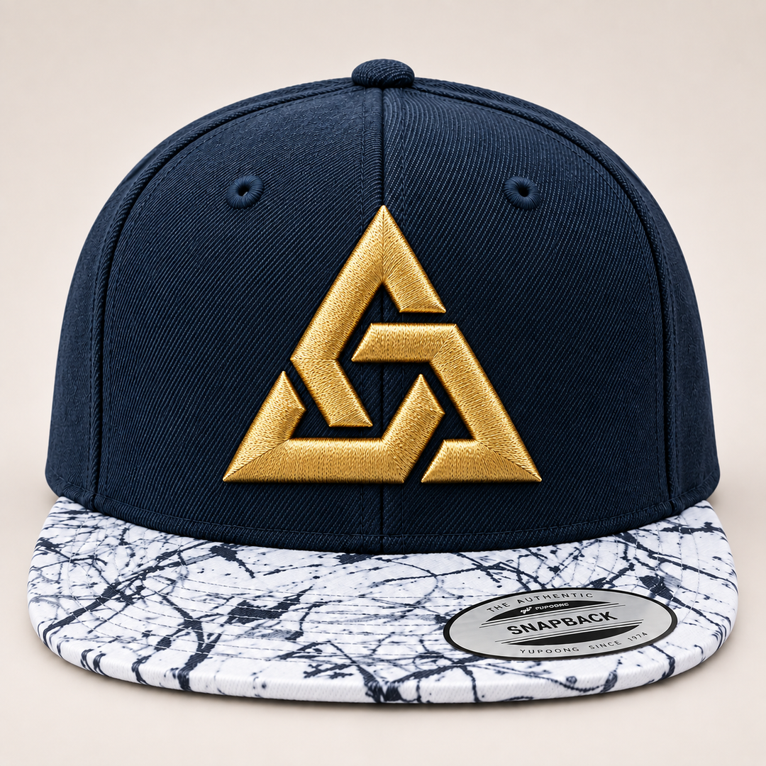 🌊✨ Marble Reign – Axiom Knot · Gold 3D puff · Navy Crown & Marble Brim Snapback | Hand Finished in Dubai | EmbroMania