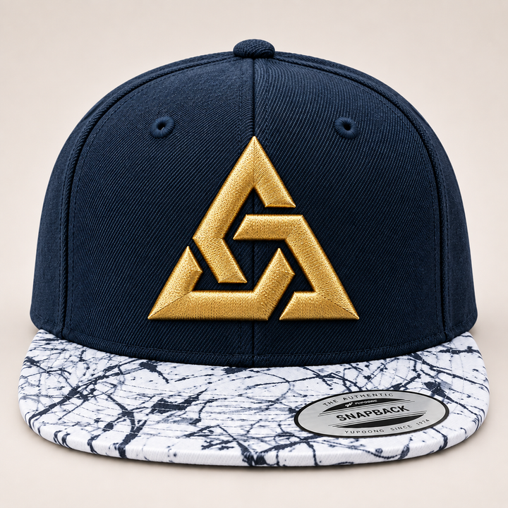🌊✨ Marble Reign – Axiom Knot · Gold 3D puff · Navy Crown &amp; Marble Brim Snapback | Hand Finished in Dubai | EmbroMania
