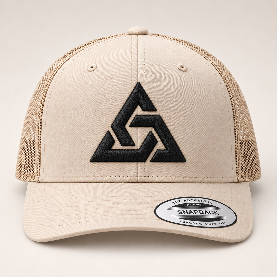 🏜️🖤 Sand Apex – Axiom Knot · Black 3D puff · Sand Beige Retro Trucker | Hand Finished in Dubai | EmbroMania