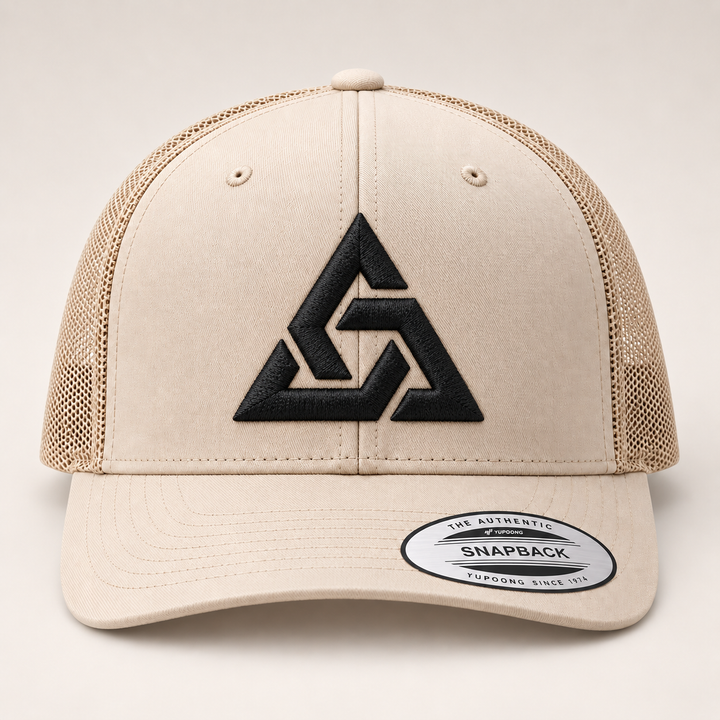 🏜️🖤 Sand Apex – Axiom Knot · Black 3D puff · Sand Beige Retro Trucker | Hand Finished in Dubai | EmbroMania