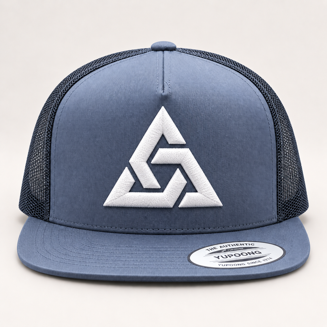 🌫️⚡ Steel Axiom – Axiom Knot · White 3D puff · Steel Blue Flat Trucker | Hand Finished in Dubai | EmbroMania