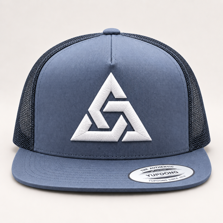 🌫️⚡ Steel Axiom – Axiom Knot · White 3D puff · Steel Blue Flat Trucker | Hand Finished in Dubai | EmbroMania