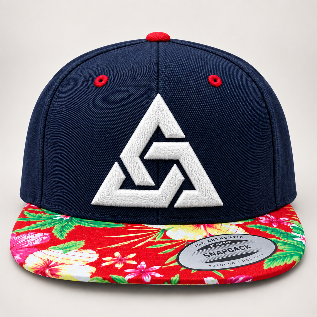 🌺⚡ Tropic Lock – Axiom Knot · White 3D puff · Navy Crown &amp; Tropical Floral Brim | Hand Finished in Dubai | EmbroMania