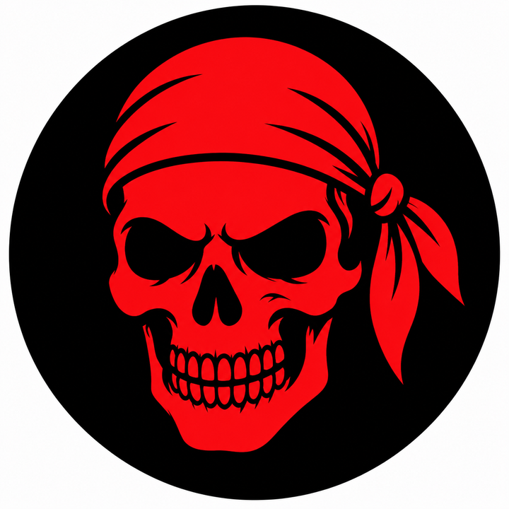 Bandana Skull embroidery patch featuring a skull wearing a knotted bandana in flat black and red | Hand Finished in Dubai | EmbroMania