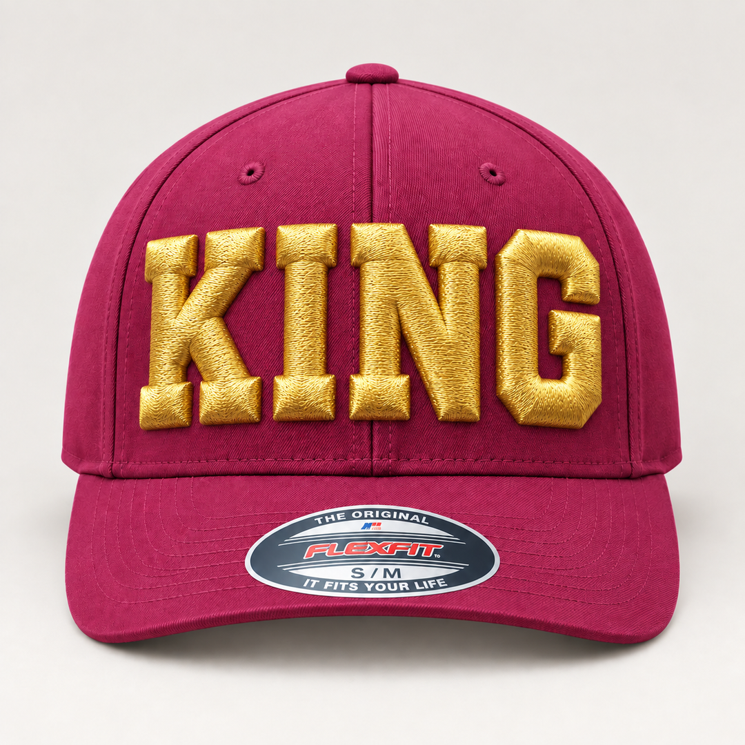 👑 Crown Titan – Big Bold 3D Puff · Gold thread · Maroon Flexfit | Hand Finished in Dubai | EmbroMania