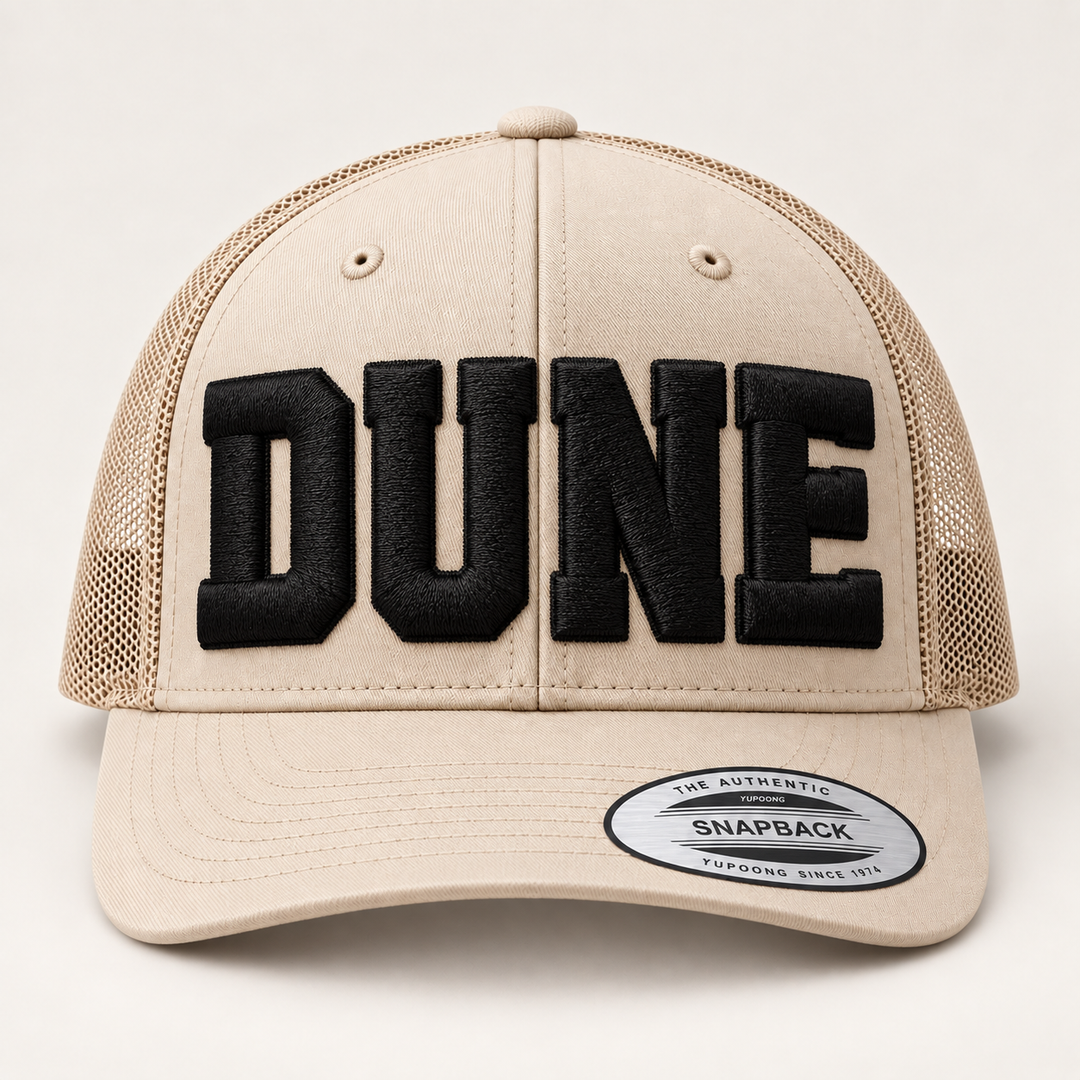 🏜️ Dune Giant – Big Bold 3D Puff · Black thread · Beige Retro Trucker | Hand Finished in Dubai | EmbroMania