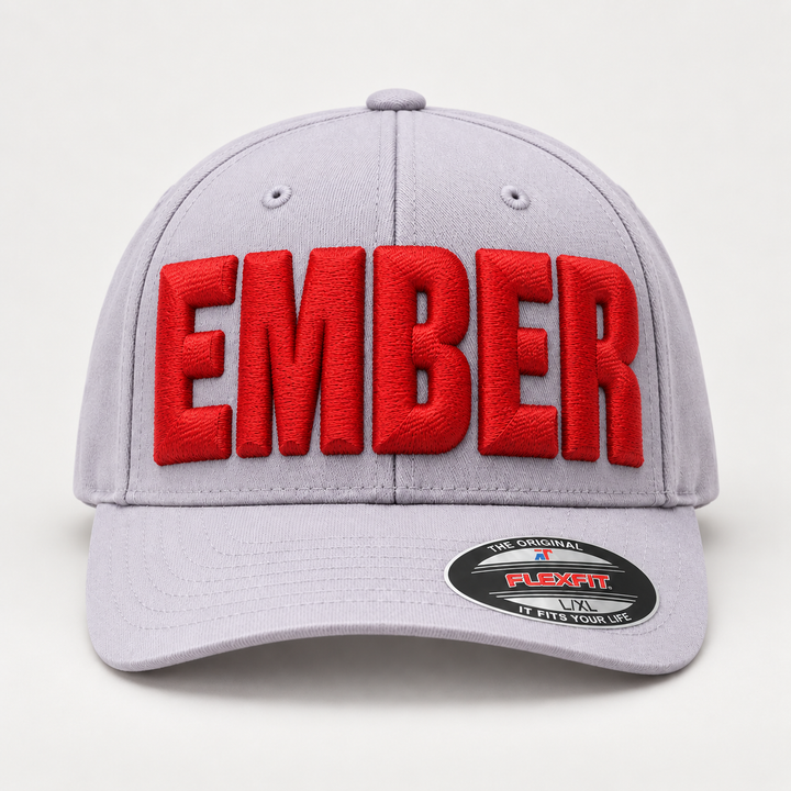🌶️ Ember Colossus – Big Bold 3D Puff · Red thread · Light Grey Flexfit | Hand Finished in Dubai | EmbroMania