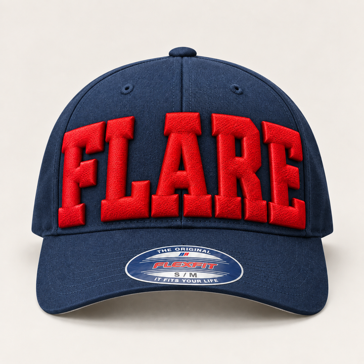 🔥 Flare Titan – Big Bold 3D Puff · Red thread · Navy Flexfit | Hand Finished in Dubai | EmbroMania