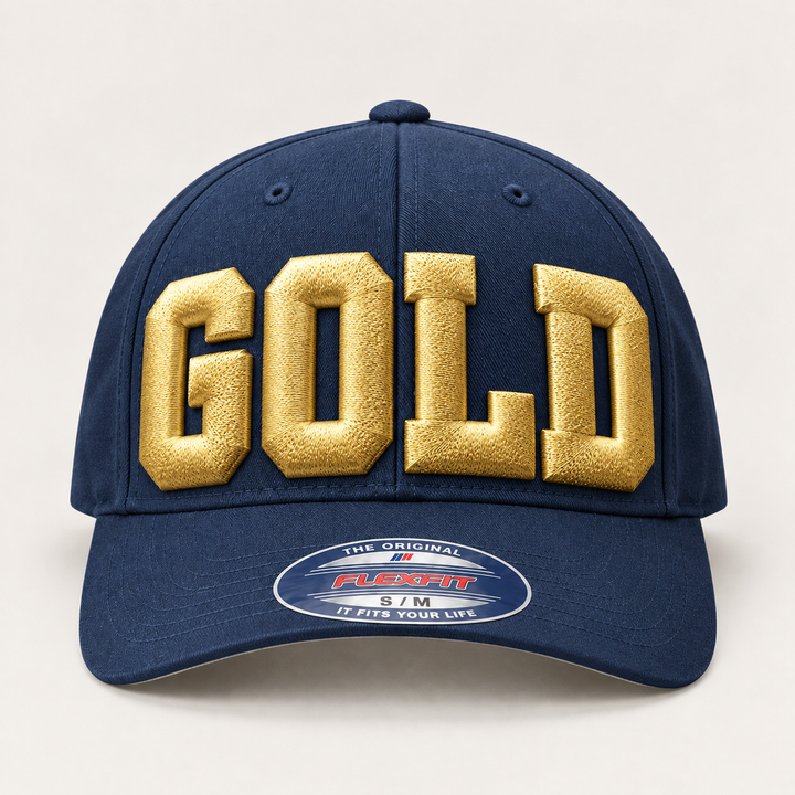 🏆 Golden Titan – Big Bold 3D Puff · Gold thread · Navy Flexfit | Hand Finished in Dubai | EmbroMania