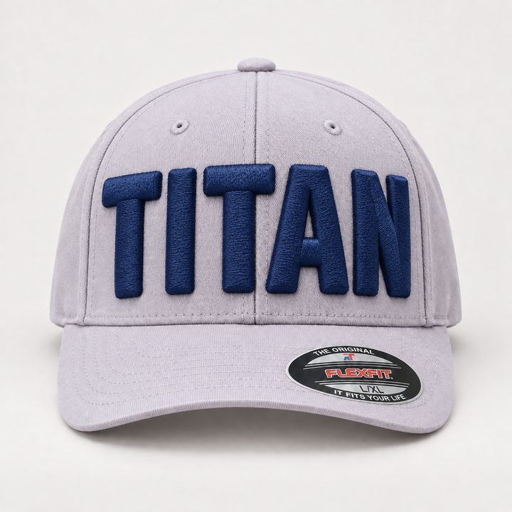 🌊 Harbour Titan – Big Bold 3D Puff · Navy thread · Light Grey Flexfit | Hand Finished in Dubai | EmbroMania