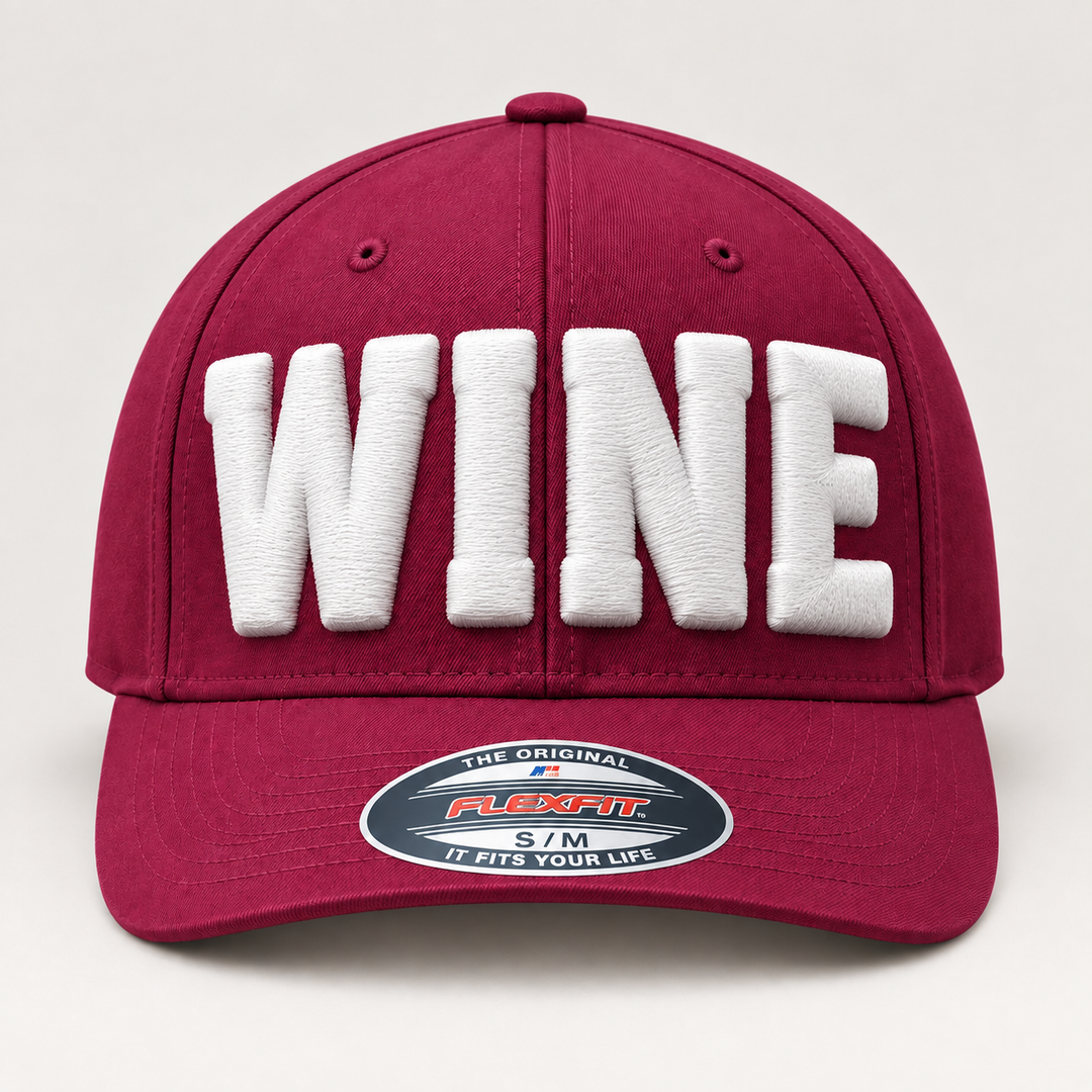 🍷 Merlot Giant – Big Bold 3D Puff · White thread · Maroon Flexfit | Hand Finished in Dubai | EmbroMania