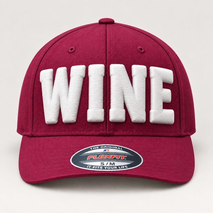 🍷 Merlot Giant – Big Bold 3D Puff · White thread · Maroon Flexfit | Hand Finished in Dubai | EmbroMania