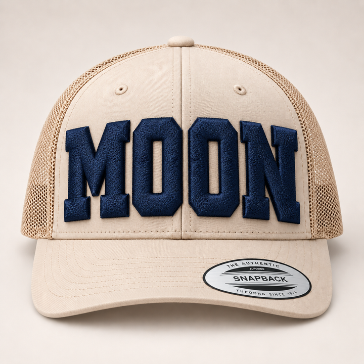 🌙 Night Dune – Big Bold 3D Puff · Navy thread · Beige Retro Trucker | Hand Finished in Dubai | EmbroMania