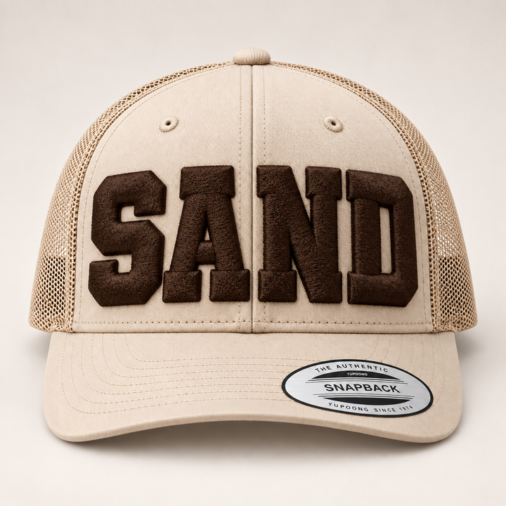 🤎 Sand Colossus – Big Bold 3D Puff · Brown thread · Beige Retro Trucker | Hand Finished in Dubai | EmbroMania