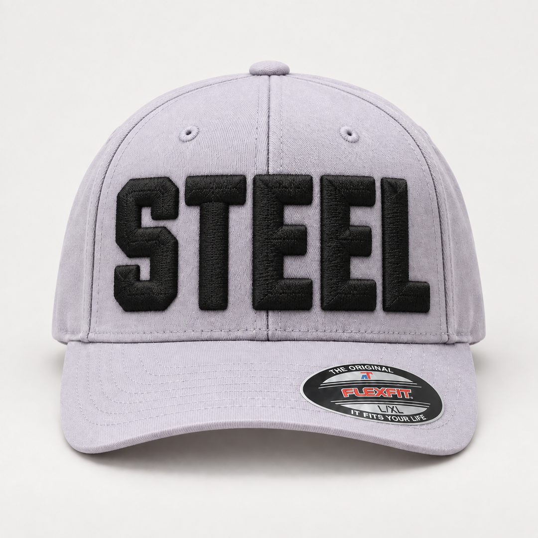 🌫️ Steel Giant – Big Bold 3D Puff · Black thread · Light Grey Flexfit | Hand Finished in Dubai | EmbroMania