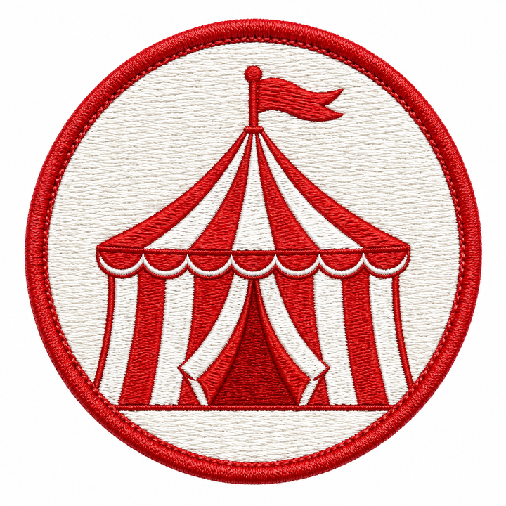 Big Top Tent embroidery patch featuring a red and white striped circus tent with a flag on a circular patch | Hand Finished in Dubai | EmbroMania