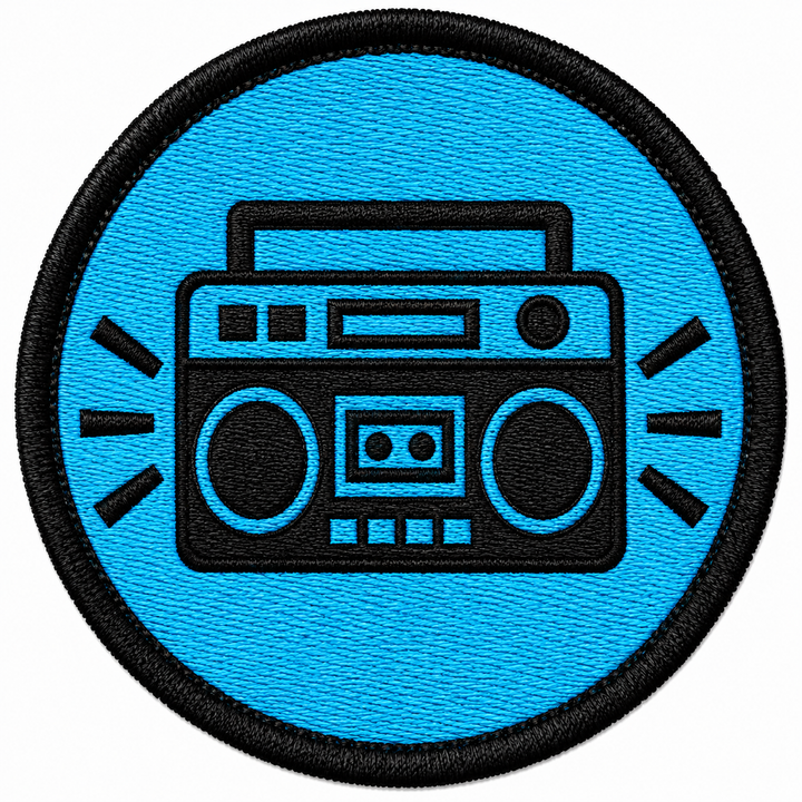 Boombox Blast embroidery patch featuring a boombox silhouette with sound lines radiating outward in flat black and cyan | Hand Finished in Dubai | EmbroMania