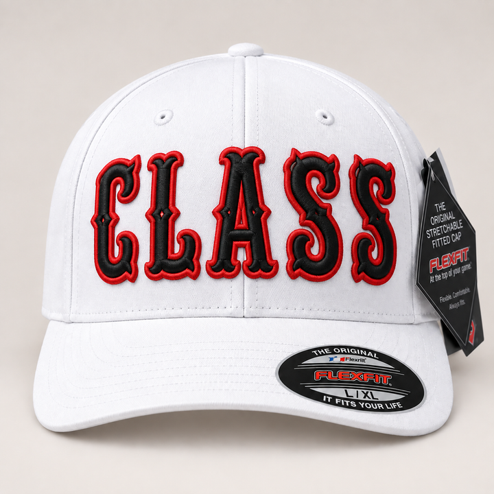 🥇 All Day – Boston 3D Puff · Black fill · Red outline · White Flexfit | Hand Finished in Dubai | EmbroMania