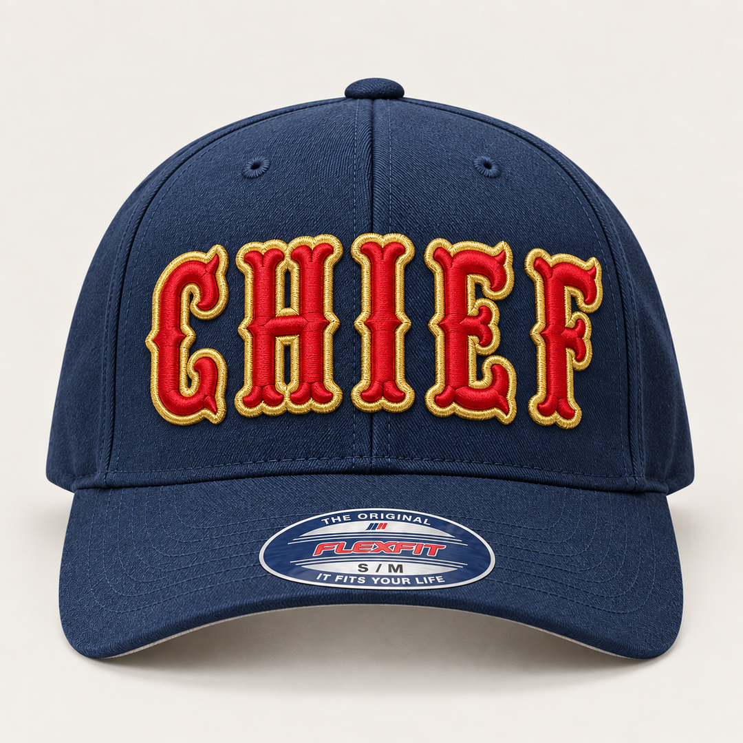 🧢 Bold &amp; Confident – Boston 3D Puff · Red fill · Gold outline · Navy Flexfit | Hand Finished in Dubai | EmbroMania