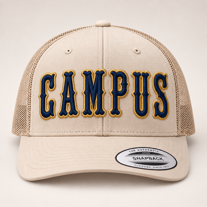 🌿 Campus – Boston 3D Puff · Navy fill · Gold outline · Beige Retro Trucker | Hand Finished in Dubai | EmbroMania