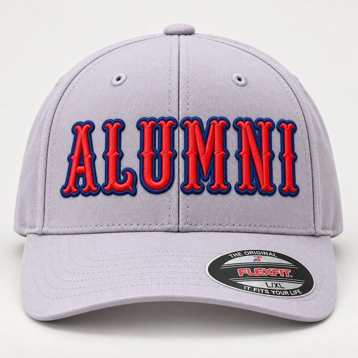 🏫 Classic Varsity – Boston 3D Puff · Red fill · Navy outline · Light Grey Flexfit | Hand Finished in Dubai | EmbroMania