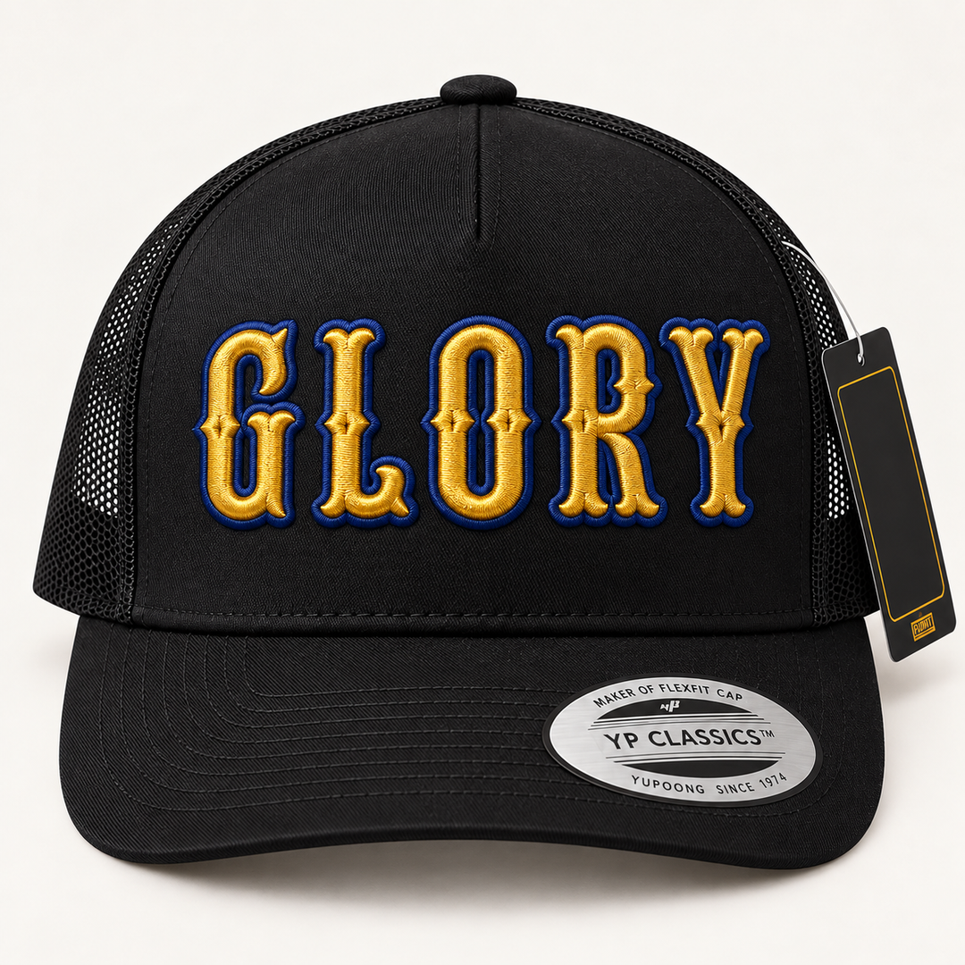 🏅 Glory – Boston 3D Puff · Gold fill · Navy outline · Black Curved Trucker | Hand Finished in Dubai | EmbroMania