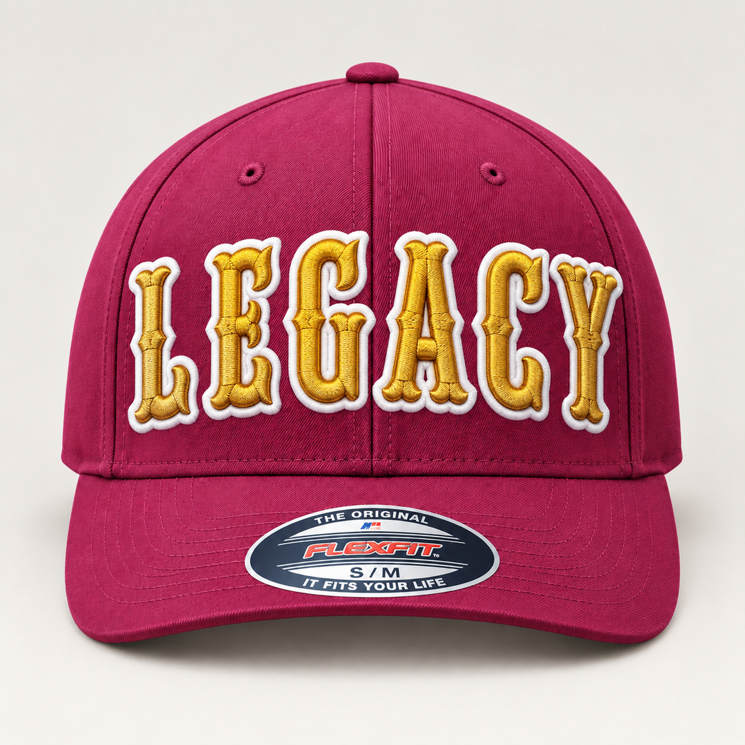 🍷 Heritage Luxury – Boston 3D Puff · Gold fill · White outline · Maroon Flexfit | Hand Finished in Dubai | EmbroMania