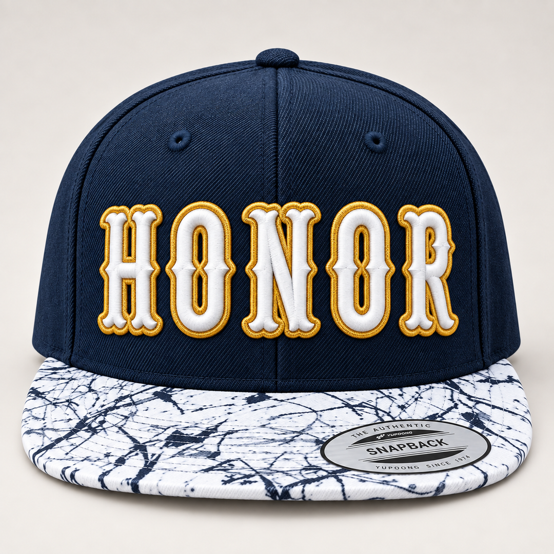🖤 Marble – Boston 3D Puff · White fill · Gold outline · Navy Marble Brim Snapback | Hand Finished in Dubai | EmbroMania