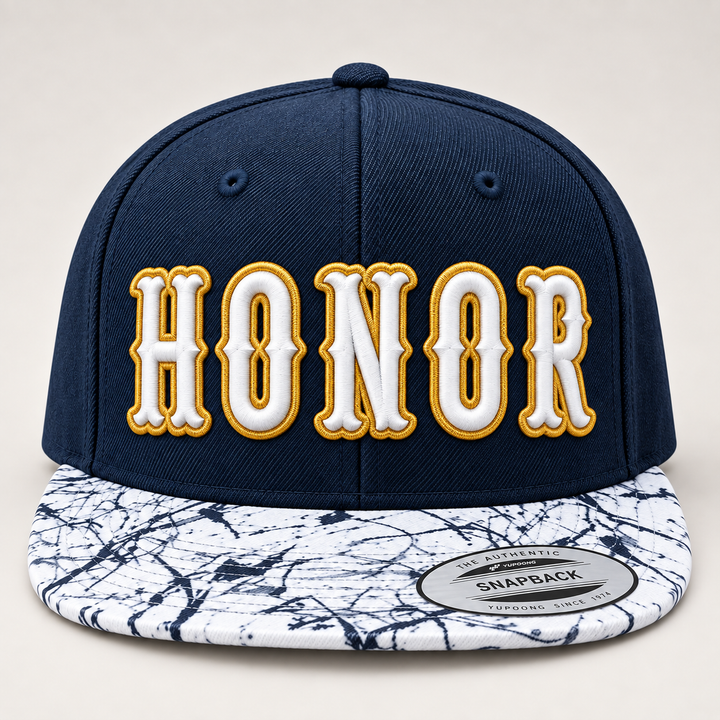 🖤 Marble – Boston 3D Puff · White fill · Gold outline · Navy Marble Brim Snapback | Hand Finished in Dubai | EmbroMania
