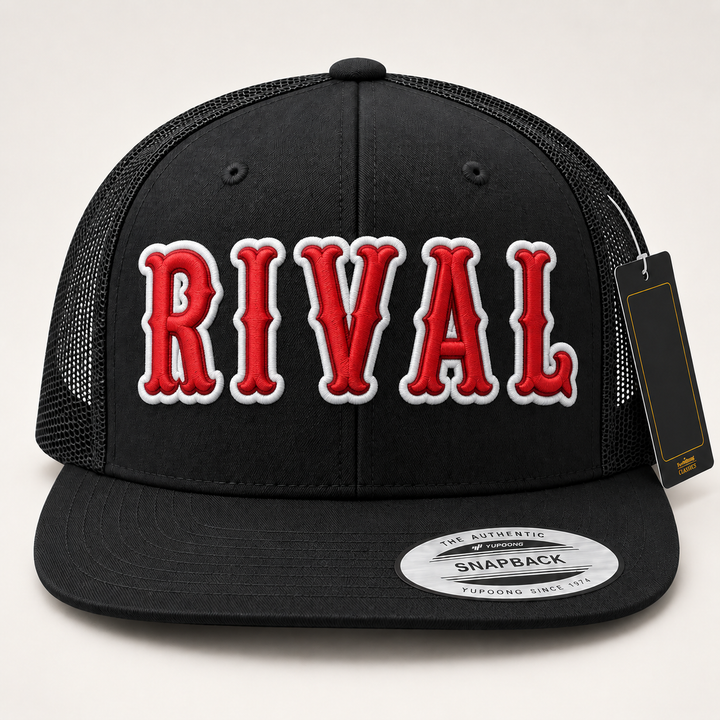 🔴 Night Varsity – Boston 3D Puff · Red fill · White outline · Black Flat Trucker | Hand Finished in Dubai | EmbroMania